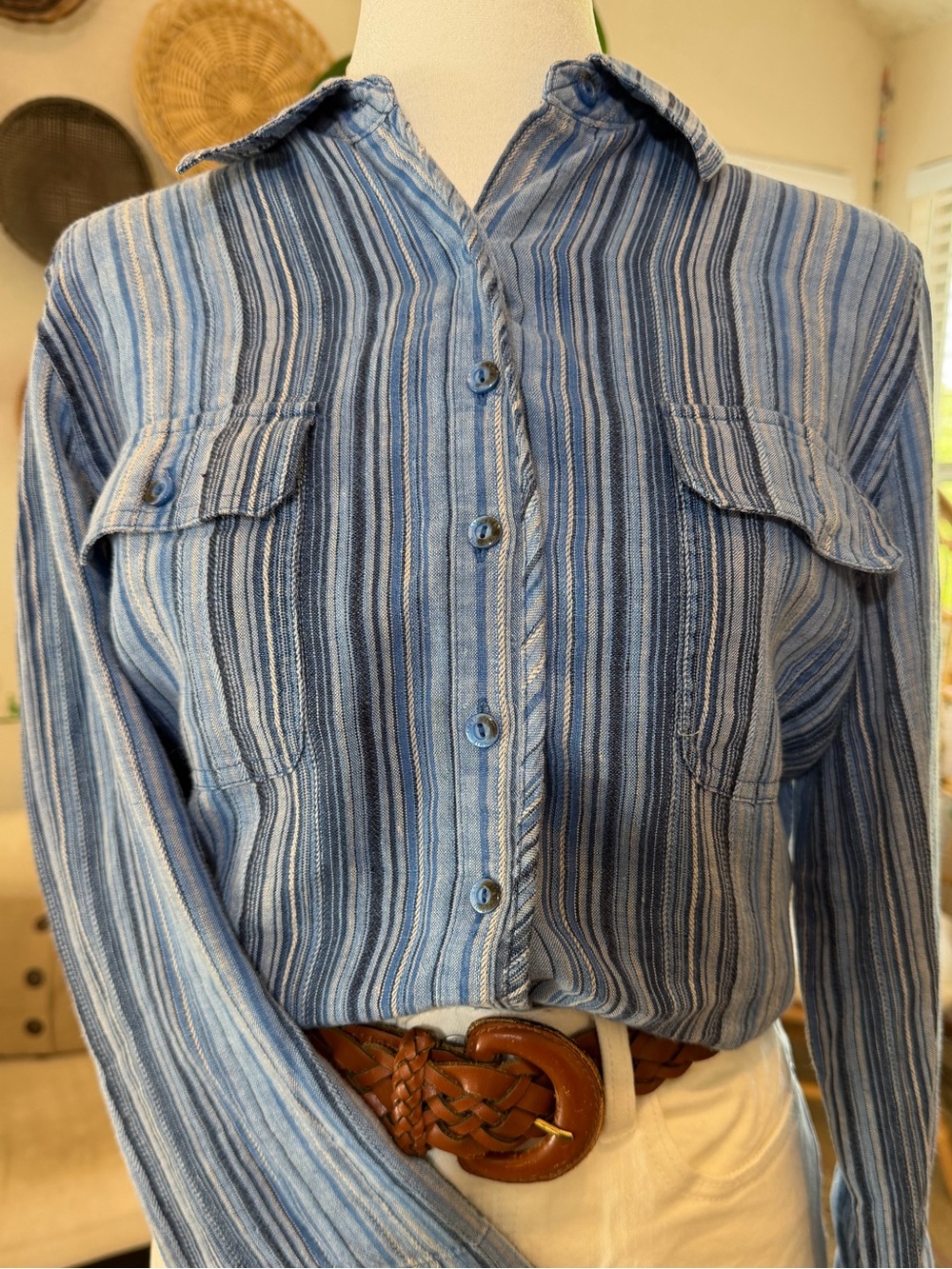 Valerie Stevens 100% Linen Blue Striped Button Shirt Top Blouse Beach Women’s PL